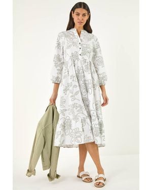 Roman Floral Puff Print Buttoned Midi Dress - White