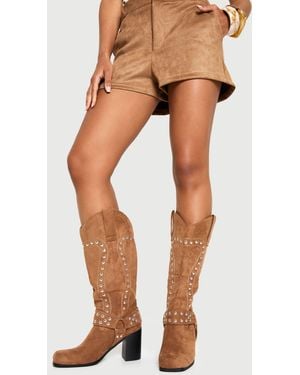 Boohoo Square Toe Stud Western Boots - Natural