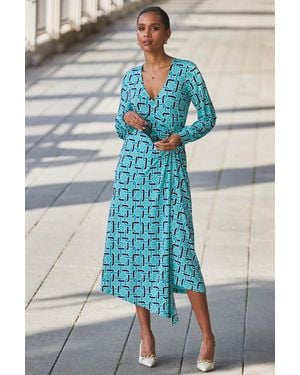Sosandar Geometric Print Blouson Sleeve Wrap Jersey Midi Dress - Blue