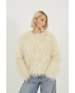 Brave Soul Short Textured Faux Fur Jacket - Natural