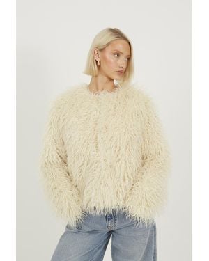 Brave Soul Short Textured Faux Fur Jacket - Natural