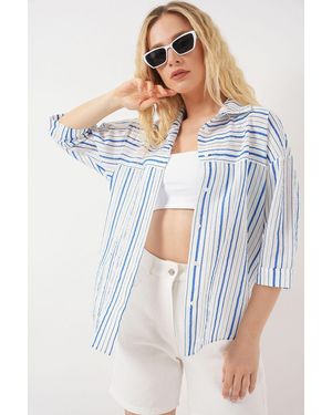 Bigdart Lined Striped Poplin Shirt With Three Quarter Sleeves - Blue
