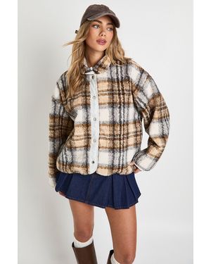 Boohoo Check Print Boxy Teddy Jacket - Blue