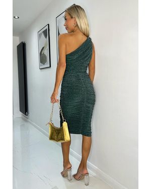 AX Paris Sparkly One Shoulder Ruched Midi Dress - Green
