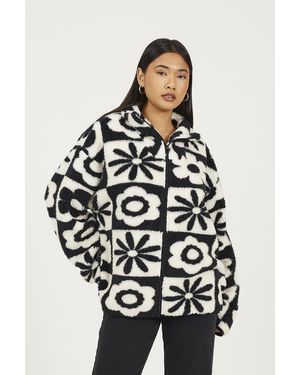 Brave Soul Graphic Flower Print Zip Through Sherpa Fleece - Black
