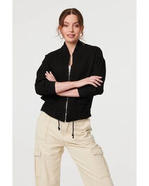 Izabel London Pocket Detail Zip Front Bomber Jacket - Black