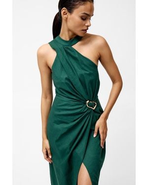 French Connection Linen Blend Draped Halter Midi Dress - Green
