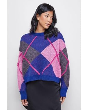 Warehouse Oversized Argyle Jumper - Blue