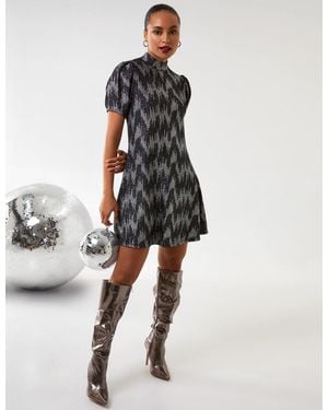 Blue Vanilla Puff Sleeve Swing Dress - Metallic