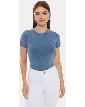 Hiccup Short Sleeve Acid-Washed T-Shirt With Ribbed Round Neck - Blue