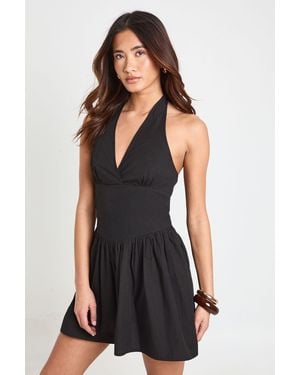 Boohoo Cotton Poplin Halter Neck Pleated Mini Dress - Black