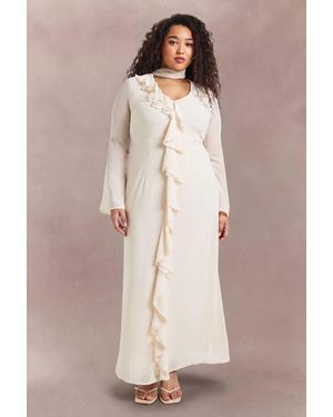 Boohoo Plus Ruffle Front Seam Scarf Detail Maxi Dress - Natural