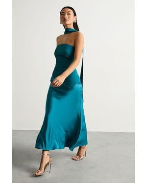 Warehouse Petite Strapless Structured Bodice Satin Midi Dress - Blue