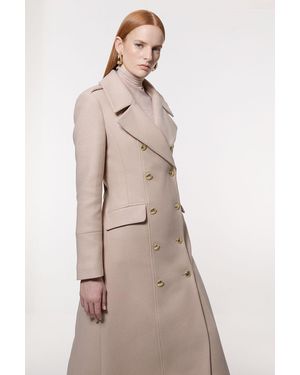 Karen Millen Premium Italian Manteco Wool Military Double Breasted Tailored Midi Coat - Natural