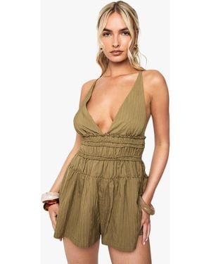 Boohoo Textured Strappy Ruched Playsuit - Green
