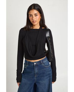 Boohoo Halterneck Cowl Double Layer Long Sleeve Top - Black