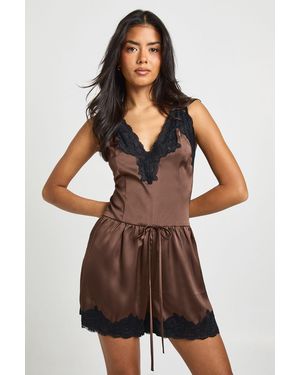 Boohoo Lace Trim Satin Flippy Short Playsuit - Brown