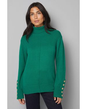 Wallis Rib Panel Button Sleeve Jumper - Green