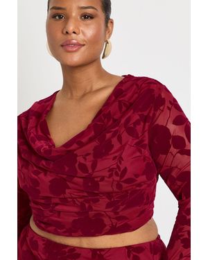 Boohoo Plus Devore Cowl Neck Long Sleeve Top - Red