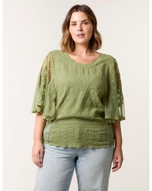 Blue Vanilla Curve Floral Lace Butterfly Sleeve Blouse - Green