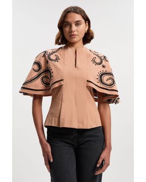 Karen Millen Baroque Embroidered Cape Sleeve Woven Twill Top - Black