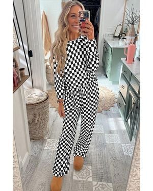 Azura Exchange Zwart Geruit Print Lange Mouwen Top En Broek Lounge Set