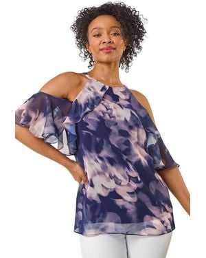 Roman Petite Halter Frill Cold Shoulder Top - Blue