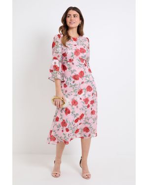 Wallis Floral Burn Out Ruffle Sleeve Midi Dress - Red