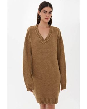 Hiccup Oversized V-Neck Ribbed Mini Knit Dress - Brown