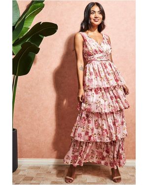 Goddiva Tiered Chiffon Floral Maxi - Pink