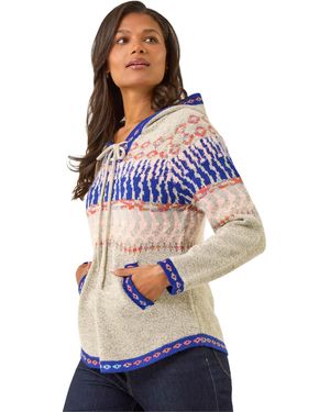 Roman Nordic Print Knitted Hooded V-Neck Jumper - Blue