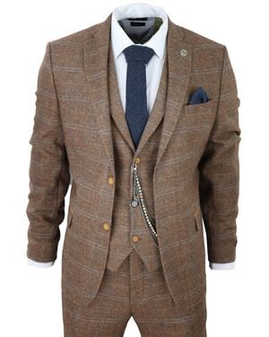 TruClothing 3 Piece Wool Suit Tweed Herringbone Check Peaky Blinders Gatsby Canvas - Brown