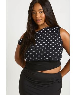 Boohoo Plus Mesh Off Shoulder Deep Waistband Polka Dot Top - Black