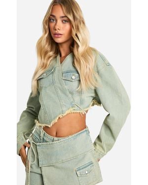 Boohoo Fray Hem Tie Waist Detail Crop Denim Jacket - Blue