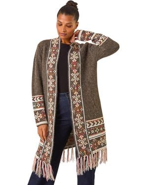 Roman Nordic Pattern Fringe Hem Cardigan - Green