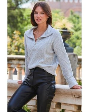 Sosandar Light Half Zip Cable Knit Jumper - Green