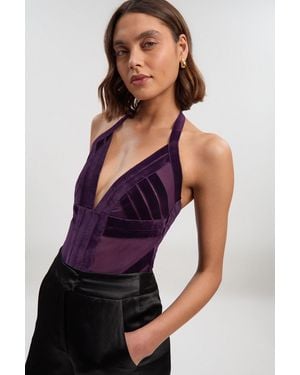 Karen Millen Stretch Velvet Taping Detail Mesh Sweetheart Neck Bodysuit - Purple