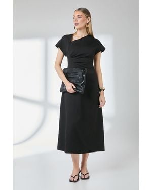 PRINCIPLES Asymmetric Neckline Contrast Cuff Midi Dress - Black