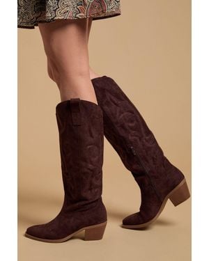 Oasis Jess Faux Suede Embroidered Western Knee Boots - Brown