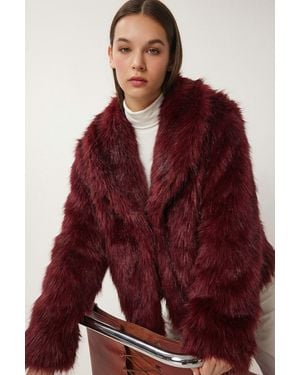 Happiness İstanbul Faux Fur Shawl Collar Jacket - Red