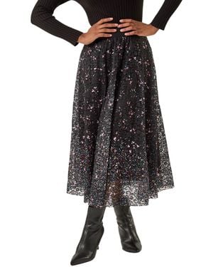 Roman Printed Lace Overlay Skirt - Black