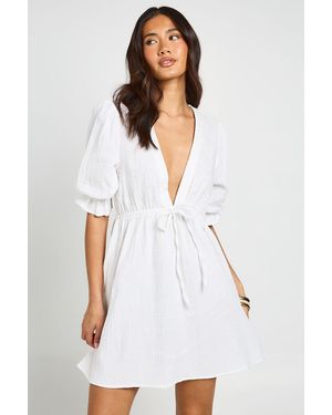 Boohoo Embroidered Textured Mini Dress - White