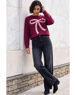 Roman Contrast Stitch Bow Knit Jumper - Red