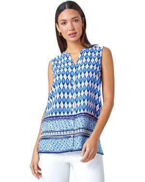Roman Longline Border Print V-Neck Blouse - Blue