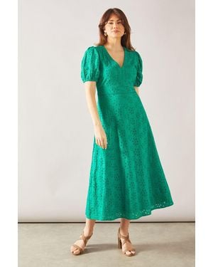 Wallis Floral Broderie Fit & Flare Midi Dress - Green