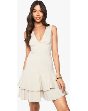 Boohoo Bengaline Plunge Ruffle Hem Shift Mini Dress - White