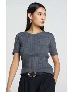 Brave Soul Ribbed Round Neck T-Shirt - Grey