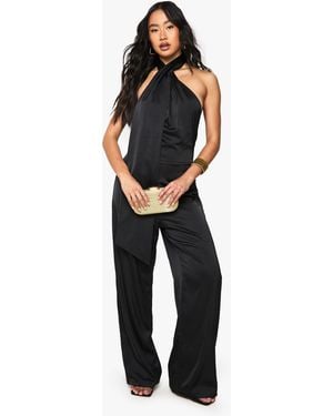 Boohoo Satin Scarf Detail Jumpsuit - Blue