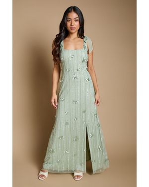 Oasis Petite 3D Floral Linear Beadwork Tie Shoulder Dress - Green