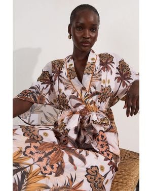 Karen Millen Abstract Print Cotton Kimono Sleeve Woven Maxi Dress - Brown